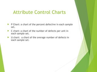Attribute Control Charts
 P Chart: a chart of the percent defective in each sample
set.
 C chart: a chart of the number of defects per unit in
each sample set.
 U chart: a chart of the average number of defects in
each sample set.
 