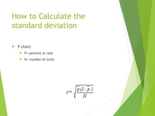 How to Calculate the
standard deviation
 P chart:
 P= percent or rate
 N= number of trails
 