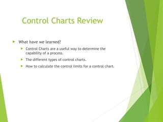 Control Charts Review
 What have we learned?
 Control Charts are a useful way to determine the
capability of a process.
 The different types of control charts.
 How to calculate the control limits for a control chart.
 