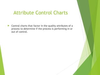 Attribute Control Charts
 Control charts that factor in the quality attributes of a
process to determine if the process is performing in or
out of control.
 