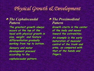 Physical Growth & Development The Cephalocaudal Pattern The greatest growth always occurs at the top of the head with physical growth in size, weight, and feature differentiation gradually working from top to bottom. Sensory and motor development proceed according to the cephalocaudal pattern.   The Proximodistal Pattern Growth starts in the center of the body and moves toward the extremities. An example is the early maturation of muscular control of the trunk and arms, as compared with that of the hands and fingers. 