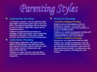 Authoritarian Parenting A restrictive, punitive  style in which the child must follow instructions and respect work and effort. Unexplained spankings may be frequent in order to enforce rigid rules. Anger may be frequently shown. Children of authoritarian parenting are unhappy, fearful and anxious when comparing themselves with others. They fail to initiate activities and tend toward social incompetence.  Authoritative Parenting Encouraging, supportive and nurtures the child to be independent but still places limits and controls on actions. Much verbal give-and-take. Expects mature, independent, age-appropriate behavior. Children are often cheerful, self-controlled, self reliant, achievement oriented and socially competent. Permissive Parenting *  Permissive Indulgent Parenting : Highly involved with children with few demands or controls. View is that warm involvement and few restrictions produces a creative, confident child. Children are socially incompetent, lacking self-control, aggressive, domineering, non-compliant with few peer interactions. *  Permissive Indifferent Parenting : Parents are very uninvolved with the child. Children are socially incompetent, lack self-control, don’t handle independence well, have low self-esteem, are immature, and tend to be alienated from the family. As adolescents, they tend to show patterns of delinquency and truancy. Parenting Styles 