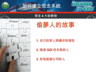 如何建立信念系統 偷夢人的故事 1. 自己的家人與最好的朋友 2. 做過 GDI 但失敗的人 3. 其他直銷公司的人 信念 4 大助燃物 