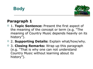 Body
Paragraph 1
 1. Topic Sentence: Present the first aspect of
the meaning of the concept or term (e.g. “The
meaning of Country Music depends heavily on its
history”).
 2. Supporting Details: Explain what/how/why.
 3. Closing Remarks: Wrap up this paragraph
(e.g. “That is why one can not understand
Country Music without learning about its
history”).
 