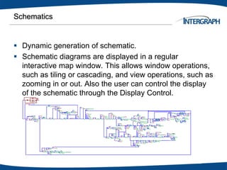 Schematics
 Dynamic generation of schematic.
 Schematic diagrams are displayed in a regular
interactive map window. This allows window operations,
such as tiling or cascading, and view operations, such as
zooming in or out. Also the user can control the display
of the schematic through the Display Control.
 
