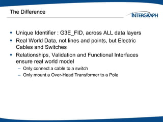 The Difference
 Unique Identifier : G3E_FID, across ALL data layers
 Real World Data, not lines and points, but Electric
Cables and Switches
 Relationships, Validation and Functional Interfaces
ensure real world model
– Only connect a cable to a switch
– Only mount a Over-Head Transformer to a Pole
 