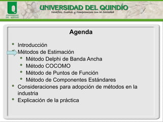 Agenda 
•Introducción 
•Métodos de Estimación 
•Método Delphide Banda Ancha 
•Método COCOMO 
•Método de Puntos de Función 
•Método de Componentes Estándares 
•Consideraciones para adopción de métodos en la industria 
•Explicación de la práctica  