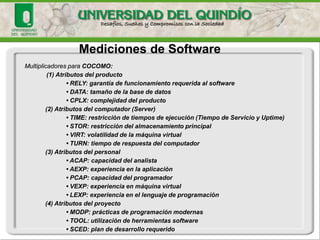 El Modelo COCOMO 
Modelos como COCOMO no consideran las particularidades de cada equipo de desarrollo. 
El modelo COCOMOIntermedio y Avanzado introducen un multiplicador: 
E (esfuerzo) = a * Sb* m(x) 
T (tiempo) = p * Et 
M(x) en un multiplicador que depende de 15 puntos  