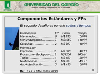 45 
Componentes Estándares y FPs 
El primer desafío es construir y mantener esta tabla: 
Componente FP 
Mantenedor………………….. 5 
Transacciones…………………7 
Menu/navegación…...…..….. 6 
Consultas……………...…..… 2 
Informes por Impresora.….... 2 
Procesos en Background….. 8 
Notificaciones………………. 2 
Autorización / Autenticación. 3  