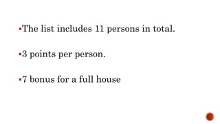 The list includes 11 persons in total.
3 points per person.
7 bonus for a full house
 
