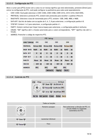 18/42
2.2.3.3 Configuração da PTZ
Mova o cursor para [PTZ] (ícone com a caixa na cor laranja significa que está selecionado), pressione [Enter] para
entrar na configuração da PTZ, você pode configurar os parâmetros para cada canal separadamente.
o CH01~CH04: Você pode selecionar o CH01~CH04, CH05~CH08, CH09~CH12, CH13~CH16 (16CH DVR).
o PROTOCOL: Selecione o protocolo PTZ, existem dois protocolos para escolher: o padrão é Pelco-D.
o BAUD RATE: Selecione a taxa de transmissão para o PTZ, existem: 1200, 2400, 4800, e 9600.
o DATA BIT: São bits de dados com as opções de 5, 6, 7, 8 para selecionar, a configuração padrão é 8.
o STOP BIT: Existem 1 e 2 para selecionar, a configuração padrão é 1.
o PARITY: Existem nenhum/par/ímpar/marca/espaço para selecionar, a configuração padrão é nenhuma.
o CRUISE: “ON” significa abrir a função autorronda para o canal correspondente, “OFF” significa não abrir a
função.
o ADDRESS: Preencher o código do respectivo PTZ.
2.2.3.4 Controle do PTZ
Todas as funções
Ponteiro autopan Para selecionar a direção de PTZ. O
círculo médio é a expansão
automática do PTZ.
Aumentar/diminuir
Foco
 