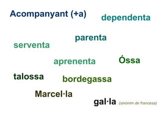 Acompanyant (+a) parenta dependenta serventa aprenenta Óssa talossa bordegassa Marcel·la gal·la   (sinònim de francesa) 