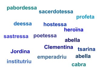 pabordessa sacerdotessa profeta deessa hostessa sastressa poetessa heroïna tsarina Jordina Clementina institutriu emperadriu abella abella cabra 