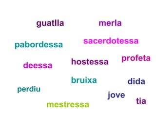 guatlla  merla pabordessa sacerdotessa profeta deessa hostessa perdiu bruixa dida mestressa jove tia 