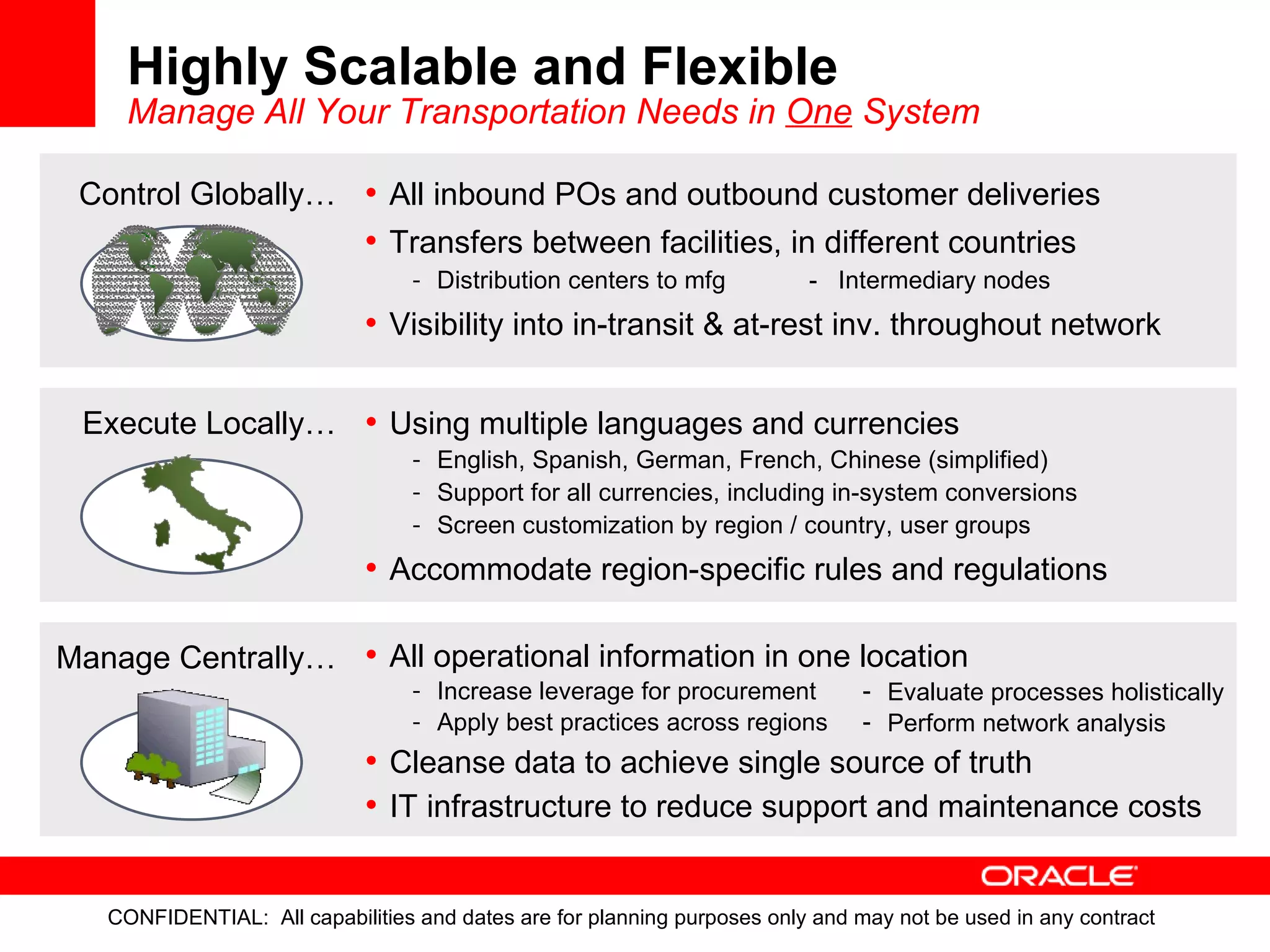 Highly Scalable and Flexible Manage All Your Transportation Needs in  One  System Execute Locally… Using multiple languages and currencies English, Spanish, German, French, Chinese (simplified) Support for all currencies, including in-system conversions Screen customization by region / country, user groups Accommodate region-specific rules and regulations Control Globally… All inbound POs and outbound customer deliveries Transfers between facilities, in different countries Distribution centers to mfg -  Intermediary nodes Visibility into in-transit & at-rest inv. throughout network Manage Centrally… All operational information in one location Increase leverage for procurement Apply best practices across regions Cleanse data to achieve single source of truth IT infrastructure to reduce support and maintenance costs Evaluate processes holistically Perform network analysis 
