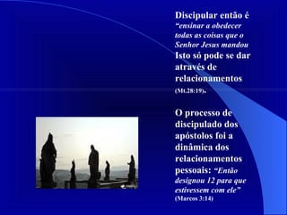 Discipular então é  “ensinar a obedecer todas as coisas que o Senhor Jesus mandou  Isto só pode se dar através de relacionamentos  (Mt.28:19) . O processo de discipulado dos apóstolos foi a dinâmica dos relacionamentos pessoais:  “Então designou 12 para que estivessem com ele”  (Marcos 3:14) 