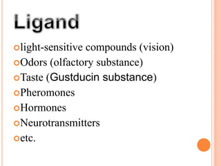 light-sensitive compounds (vision)
Odors (olfactory substance)
Taste (Gustducin substance)
Pheromones
Hormones
Neurotransmitters
etc.
 