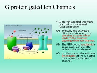 G protein gated Ion Channels
• G-protein-coupled receptors
can control ion channel
function directly.
(A) Typically, the activated
effector protein begins a
signaling cascade which
leads to the eventual
opening of the ion channel.
(B) The GTP-bound α-subunit in
some cases can directly
activate the ion channel.
(C) In other cases, the activated
βγ-complex of the G protein
may interact with the ion
channel.
 