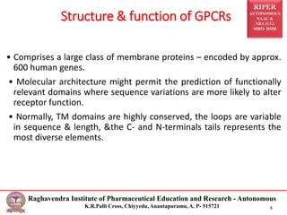 RIPER
AUTONOMOUS
NAAC &
NBA (UG)
SIRO- DSIR
Raghavendra Institute of Pharmaceutical Education and Research - Autonomous
K.R.Palli Cross, Chiyyedu, Anantapuramu, A. P- 515721 6
• Comprises a large class of membrane proteins – encoded by approx.
600 human genes.
• Molecular architecture might permit the prediction of functionally
relevant domains where sequence variations are more likely to alter
receptor function.
• Normally, TM domains are highly conserved, the loops are variable
in sequence & length, &the C- and N-terminals tails represents the
most diverse elements.
Structure & function of GPCRs
 