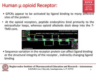 RIPER
AUTONOMOUS
NAAC &
NBA (UG)
SIRO- DSIR
Raghavendra Institute of Pharmaceutical Education and Research - Autonomous
K.R.Palli Cross, Chiyyedu, Anantapuramu, A. P- 515721 9
• GPCRs appear to be activated by ligand binding to many different
sites of the protein .
• At the opioid receptors, peptide endorphins bind primarily to the
extracellular loops, whereas opioid alkaloids dock deep into the 7-
TMD core.
• Sequence variation in the receptor protein can affect ligand binding
or the structural integrity of the receptor , indirectly changing ligand
binding
Human µ opioid Receptor:
• Sequence variation in the receptor protein
can affect ligand binding or the structural
integrity of the receptor , indirectly changing
ligand binding
 