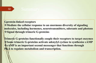 Summary
Gprotein-linked receptors
Mediate the cellular response to an enormous diversity of signaling
molecules, including hormones, neurotransmitters, odorants and photons
Signal through trimeric G-proteins
Trimeric G-proteins functionally couple their receptors to target enzymes
Some trimeric G-proteins activate adenylyl cyclase to synthesize cAMP
cAMP is an important second messenger that functions through
PKA to regulate metabolism and transcription.
32
 