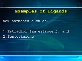 Examples of Ligands
Sex hormones such as;
1.Estradiol (an estrogen), and
2.Testosterone
 