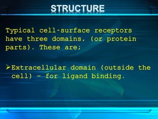 Typical cell-surface receptors
have three domains, (or protein
parts). These are;
Extracellular domain (outside the
cell) – for ligand binding.
 