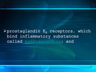 prostaglandin E2 receptors, which
bind inflammatory substances
called prostaglandins; and
 
