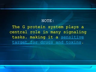 NOTE:
The G protein system plays a
central role in many signaling
tasks, making it a sensitive
target for drugs and toxins.
 