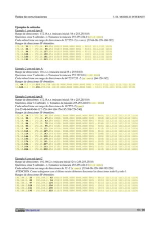 Redes de comunicaciones 3. EL MODELO INTERNET
Ejemplos de subredes
Ejemplo 1 con red tipo B:
Rango de direcciones: 172.16.x.x (máscara inicial /16 o 255.255.0.0)
Queremos crear 6 subredes -> Tomamos la máscara 255.255.224.0 (111|0 0000)
Cada subred tiene un rango de direcciones de 32*255 -2 (x xxxx): [32-64-96-128-160-192]
Rangos de direcciones IP obtenidos:
172.16. 32.1 - 172.16. 63.254 (001|0 0000.0000 0001 - 001|1 1111.1111 1110)
172.16. 64.1 - 172.16. 95.254 (010|0 0000.0000 0001 - 010|1 1111.1111 1110)
172.16. 96.1 - 172.16.127.254 (011|0 0000.0000 0001 - 011|1 1111.1111 1110)
172.16.128.1 - 172.16.159.254 (100|0 0000.0000 0001 - 100|1 1111.1111 1110)
172.16.160.1 - 172.16.191.254 (101|0 0000.0000 0001 - 101|1 1111.1111 1110)
172.16.192.1 - 172.16.223.254 (110|0 0000.0000 0001 - 110|1 1111.1111 1110)
Ejemplo 2 con red tipo A:
Rango de direcciones: 10.x.x.x (máscara inicial /8 o 255.0.0.0)
Queremos crear 2 subredes -> Tomamos la máscara 255.192.0.0 (11|00 0000)
Cada subred tiene un rango de direcciones de 64*255*255 -2 (xx xxxx): [64-128-192]
Rangos de direcciones IP obtenidos:
10. 64.0.1 – 10.127.255.254 (01|00 0000.0000 0000.0000 0001 - 01|11 1111.1111 1111.1111 1110)
10.128.0.1 – 10.191.255.254 (10|00 0000.0000 0000.0000 0001 - 10|11 1111.1111 1111.1111 1110)
Ejemplo 3 con red tipo B:
Rango de direcciones: 172.18.x.x (máscara inicial /16 o 255.255.0.0)
Queremos crear 14 subredes -> Tomamos la máscara 255.255.240.0 (1111| 0000)
Cada subred tiene un rango de direcciones de 16*255 -2 (xxxx):
[16-32-48-64-80-96-112-128-144-160-176-192-208-224-240]
Rangos de direcciones IP obtenidos:
172.18. 16.1 - 172.18. 31.254 (0001| 0000.0000 0000.0000 0001 - 0001| 1111.1111 1111.1111 1110)
172.18. 32.1 - 172.18. 47.254 (0010| 0000.0000 0000.0000 0001 - 0010| 1111.1111 1111.1111 1110)
172.18. 48.1 - 172.18. 63.254 (0011| 0000.0000 0000.0000 0001 - 0011| 1111.1111 1111.1111 1110)
172.18. 64.1 - 172.18. 79.254 (0100| 0000.0000 0000.0000 0001 - 0100| 1111.1111 1111.1111 1110)
172.18. 80.1 - 172.18. 95.254 (0101| 0000.0000 0000.0000 0001 - 0101| 1111.1111 1111.1111 1110)
172.18. 96.1 - 172.18.111.254 (0110| 0000.0000 0000.0000 0001 - 0110| 1111.1111 1111.1111 1110)
172.18.112.1 - 172.18.127.254 (0111| 0000.0000 0000.0000 0001 - 0111| 1111.1111 1111.1111 1110)
172.18.128.1 - 172.18.143.254 (1000| 0000.0000 0000.0000 0001 - 1000| 1111.1111 1111.1111 1110)
172.18.144.1 - 172.18.159.254 (1001| 0000.0000 0000.0000 0001 - 1001| 1111.1111 1111.1111 1110)
172.18.160.1 - 172.18.175.254 (1010| 0000.0000 0000.0000 0001 - 1010| 1111.1111 1111.1111 1110)
172.18.176.1 - 172.18.191.254 (1011| 0000.0000 0000.0000 0001 - 1011| 1111.1111 1111.1111 1110)
172.18.192.1 - 172.18.207.254 (1100| 0000.0000 0000.0000 0001 - 1100| 1111.1111 1111.1111 1110)
172.18.208.1 - 172.18.223.254 (1101| 0000.0000 0000.0000 0001 - 1101| 1111.1111 1111.1111 1110)
172.18.224.1 - 172.18.239.254 (1110| 0000.0000 0000.0000 0001 - 1110| 1111.1111 1111.1111 1110)
Ejemplo 4 con red tipo C:
Rango de direcciones: 192.168.2.x (máscara inicial /24 o 255.255.255.0)
Queremos crear 6 subredes -> Tomamos la máscara 255.255.224.0 (111|0 0000)
Cada subred tiene un rango de direcciones de 32 -2 (x xxxx): [32-64-96-128-160-192-224]
ATENCIÓN: Como trabajamos con el último octeto debemos descontar las direcciones todo 0 y todo 1.
Rangos de direcciones IP obtenidos:
192.168.2. 33 - 192.168.2. 62 (001|0 0000.0000 0000.0000 0001 - 001|1 1111.1111 1111.1111 1110)
192.168.2. 65 - 192.168.2. 94 (010|0 0000.0000 0000.0000 0001 - 010|1 1111.1111 1111.1111 1110)
192.168.2. 97 - 192.168.2.126 (011|0 0000.0000 0000.0000 0001 - 011|1 1111.1111 1111.1111 1110)
192.168.2.128 - 192.168.2.158 (100|0 0000.0000 0000.0000 0001 - 100|1 1111.1111 1111.1111 1110)
192.168.2.161 - 192.168.2.190 (101|0 0000.0000 0000.0000 0001 - 101|1 1111.1111 1111.1111 1110)
192.168.2.193 - 192.168.2.222 (110|0 0000.0000 0000.0000 0001 - 110|1 1111.1111 1111.1111 1110)
http://guimi.net 19 / 99
 