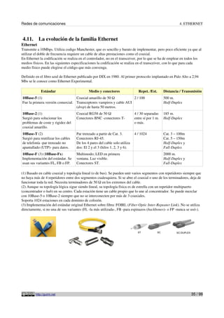 Redes de comunicaciones 4. ETHERNET
4.11. La evolución de la familia Ethernet
Ethernet
Transmite a 10Mbps. Utiliza codigo Manchester, que es sencillo y barato de implementar, pero poco eficiente ya que al
utilizar el doble de frecuencia requiere un cable de altas prestaciones como el coaxial.
En Ethernet la codificación se realiza en el controlador, no en el transceiver, por lo que se ha de emplear en todos los
medios físicos. En las siguientes especificaciones la codificación se realiza en el transceiver, con lo que para cada
medio físico puede elegirse el código que más convenga.
Definido en el libro azul de Ethernet publicado por DIX en 1980. Al primer protocolo implantado en Palo Alto a 2,94
Mbs se le conoce como Ethernet Experimental.
Estándar Medio y conectores Repet. /Est. Distancia / Transmisión
10Base-5 (1)
Fue la primera versión comercial.
Coaxial amarillo de 50 Ω
Transceptores vampiros y cable AUI
(drop) de hasta 50 metros.
2 / 100 500 m.
Half-Duplex
10Base-2 (1)
Surgió para solucionar los
problemas de coste y rigidez del
coaxial amarillo.
Coaxial RG58 de 50 Ω
Conectores BNC -conectores T-
4 / 30 separadas
entre sí por 1 m.
o más.
185 m.
Half-Duplex
10Base-T (2)
Surgió para reutilizar los cables
de telefonía -par trenzado no
apantallado (UTP)- para datos.
Par trenzado a partir de Cat. 3.
Conectores RJ-45.
De los 4 pares del cable solo utiliza
dos: El 2 y el 3 (hilos 1, 2, 3 y 6).
4 / 1024 Cat. 3 – 100m
Cat. 5 – 150m
Half-Duplex y
Full-Duplex
10Base-F (3) (10Base-Fx)
Implementación del estándar. Se
usan sus variantes FL, FB o FP.
Multimodo; LED en primera
ventana. Luz visible.
Conectores ST.
2000 m.
Half-Duplex y
Full-Duplex
(1) Basado en cable coaxial y topología lineal (o de bus). Se pueden unir varios segmentos con repetidores siempre que
no haya más de 4 repetidores entre dos segmentos cualesquiera. Si se abre el coaxial o uno de los terminadores, deja de
funcionar toda la red. Necesita terminadores de 50 Ω en los extremos del cable.
(2) Aunque su topología lógica sigue siendo lineal, su topología física es de estrella con un repetidor multipuerto
(concentrador o hub) en su centro. Cada estación tiene un cable propio que lo une al concentrador. Se puede mezclar
con 10Base-5 o 10Base-2 siempre que no se interconecten por más de 3 coaxiales.
Soporta 1024 estaciones en cada dominio de colisión.
(3) Implementación del estándar original Ethernet sobre fibra: FOIRL (Fiber-Optic Inter-Repeater Link). No se utiliza
directamente, si no una de sus variantes (FL -la más utilizada-, FB -para espinazos (backbones)- o FP -nunca se usó-).
http://guimi.net 35 / 99
 