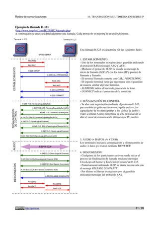 Redes de comunicaciones 10. TRANSMISIÓN MULTIMEDIA EN REDES IP
Ejemplo de llamada H.323
(http://www.voipforo.com/H323/H323ejemplo.php)
A continuación se analizará detalladamente una llamada. Cada protocolo se muestra de un color diferente.
Una llamada H.323 se caracteriza por las siguientes fases:
1. ESTABLECIMIENTO
- Uno de los terminales se registra en el guardián utilizando
el protocolo RAS (mensajes ARQ y ACF).
- Mediante el protocolo H.225 se manda un mensaje de
inicio de llamada (SETUP) con los datos (IP y puerto) de
llamante y llamado.
- El terminal llamado contesta con CALL PROCEEDING.
- El segundo terminal tiene que registrarse con el guardián
de manera similar al primer terminal.
- ALERTING indica el inicio de generación de tono.
- CONNECT indica el comienzo de la conexión.
2. SEÑALIZACIÓN DE CONTROL
- Se abre una negociación mediante el protocolo H.245,
para establecer quién será maestro y quién esclavo, las
capacidades de los participantes y los códecs de audio y
vídeo a utilizar. Como punto final de esta negociación se
abre el canal de comunicación (direcciones IP, puerto).
3. AUDIO (+ DATOS y/o VÍDEO)
Los terminales inician la comunicación y el intercambio de
audio (+ datos y/o vídeo) mediante RTP/RTCP.
4. DESCONEXIÓN
- Cualquiera de los participantes activos puede iniciar el
proceso de finalización de llamada mediante mensajes
CloseLogicalChannel y EndSessionComand de H.245.
- Posteriormente utilizando H.225 se cierra la conexión con
el mensaje RELEASE COMPLETE
- Por último se liberan los registros con el guardián
utilizando mensajes del protocolo RAS.
http://guimi.net 81 / 99
 
