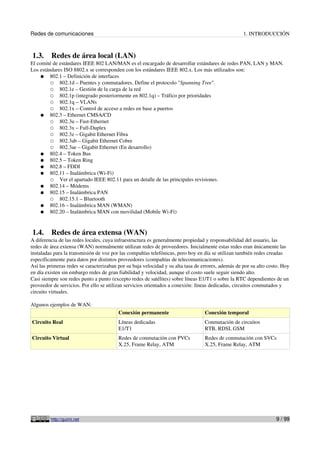 Redes de comunicaciones 1. INTRODUCCIÓN
1.3. Redes de área local (LAN)
El comité de estándares IEEE 802 LAN/MAN es el encargado de desarrollar estándares de redes PAN, LAN y MAN.
Los estándares ISO 8802.x se corresponden con los estándares IEEE 802.x. Los más utilizados son:
● 802.1 – Definición de interfaces
○ 802.1d – Puentes y conmutadores. Define el protocolo "Spanning Tree".
○ 802.1e – Gestión de la carga de la red
○ 802.1p (integrado posteriormente en 802.1q) – Tráfico por prioridades
○ 802.1q – VLANs
○ 802.1x – Control de acceso a redes en base a puertos
● 802.3 – Ethernet CMSA/CD
○ 802.3u – Fast-Ethernet
○ 802.3x – Full-Duplex
○ 802.3z – Gigabit Ethernet Fibra
○ 802.3ab – Gigabit Ethernet Cobre
○ 802.3ae – Gigabit Ethernet (En desarrollo)
● 802.4 – Token Bus
● 802.5 – Token Ring
● 802.8 – FDDI
● 802.11 – Inalámbrica (Wi-Fi)
○ Ver el apartado IEEE 802.11 para un detalle de las principales revisiones.
● 802.14 – Módems
● 802.15 – Inalámbrica PAN
○ 802.15.1 – Bluetooth
● 802.16 – Inalámbrica MAN (WMAN)
● 802.20 – Inalámbrica MAN con movilidad (Mobile Wi-Fi)
1.4. Redes de área extensa (WAN)
A diferencia de las redes locales, cuya infraestructura es generalmente propiedad y responsabilidad del usuario, las
redes de área extensa (WAN) normalmente utilizan redes de proveedores. Inicialmente estas redes eran únicamente las
instaladas para la transmisión de voz por las compañías telefónicas, pero hoy en día se utilizan también redes creadas
específicamente para datos por distintos proveedores (compañías de telecomunicaciones).
Así las primeras redes se caracterizaban por su baja velocidad y su alta tasa de errores, además de por su alto costo. Hoy
en día existen sin embargo redes de gran fiabilidad y velocidad, aunque el costo suele seguir siendo alto.
Casi siempre son redes punto a punto (excepto redes de satélites) sobre líneas E1/T1 o sobre la RTC dependientes de un
proveedor de servicios. Por ello se utilizan servicios orientados a conexión: líneas dedicadas, circuitos conmutados y
circuito virtuales.
Algunos ejemplos de WAN:
Conexión permanente Conexión temporal
Circuito Real Líneas dedicadas
E1/T1
Conmutación de circuitos
RTB, RDSI, GSM
Circuito Virtual Redes de conmutación con PVCs
X.25, Frame Relay, ATM
Redes de conmutación con SVCs
X.25, Frame Relay, ATM
http://guimi.net 9 / 99
 