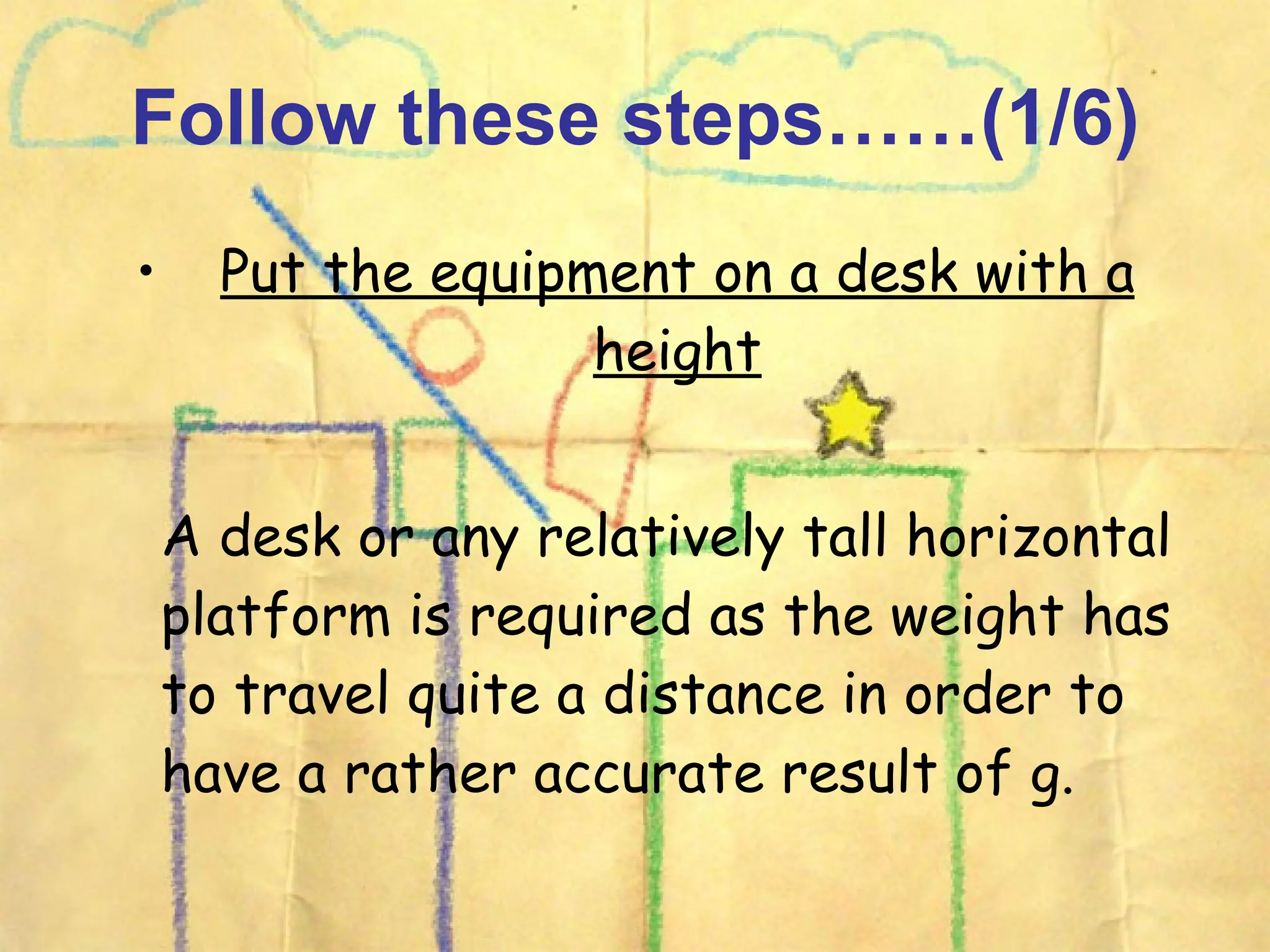 Follow these steps……(1/6) Put the equipment on a desk with a height A desk or any relatively tall horizontal platform is required as the weight has to travel quite a distance in order to have a rather accurate result of g.