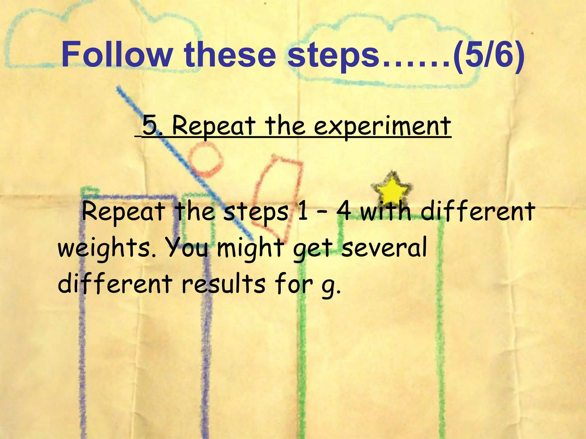 Follow these steps……(5/6) 5. Repeat the experiment Repeat the steps 1 – 4 with different weights. You might get several different results for g.