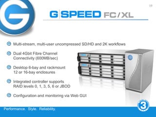 19




     Multi-stream, multi-user uncompressed SD/HD and 2K workflows

     Dual 4Gbit Fibre Channel
     Connectivity (600MB/sec)

     Desktop 6-bay and rackmount
     12 or 16-bay enclosures

     Integrated controller supports
     RAID levels 0, 1, 3, 5, 6 or JBOD

     Configuration and monitoring via Web GUI


Performance. Style. Reliability.
 