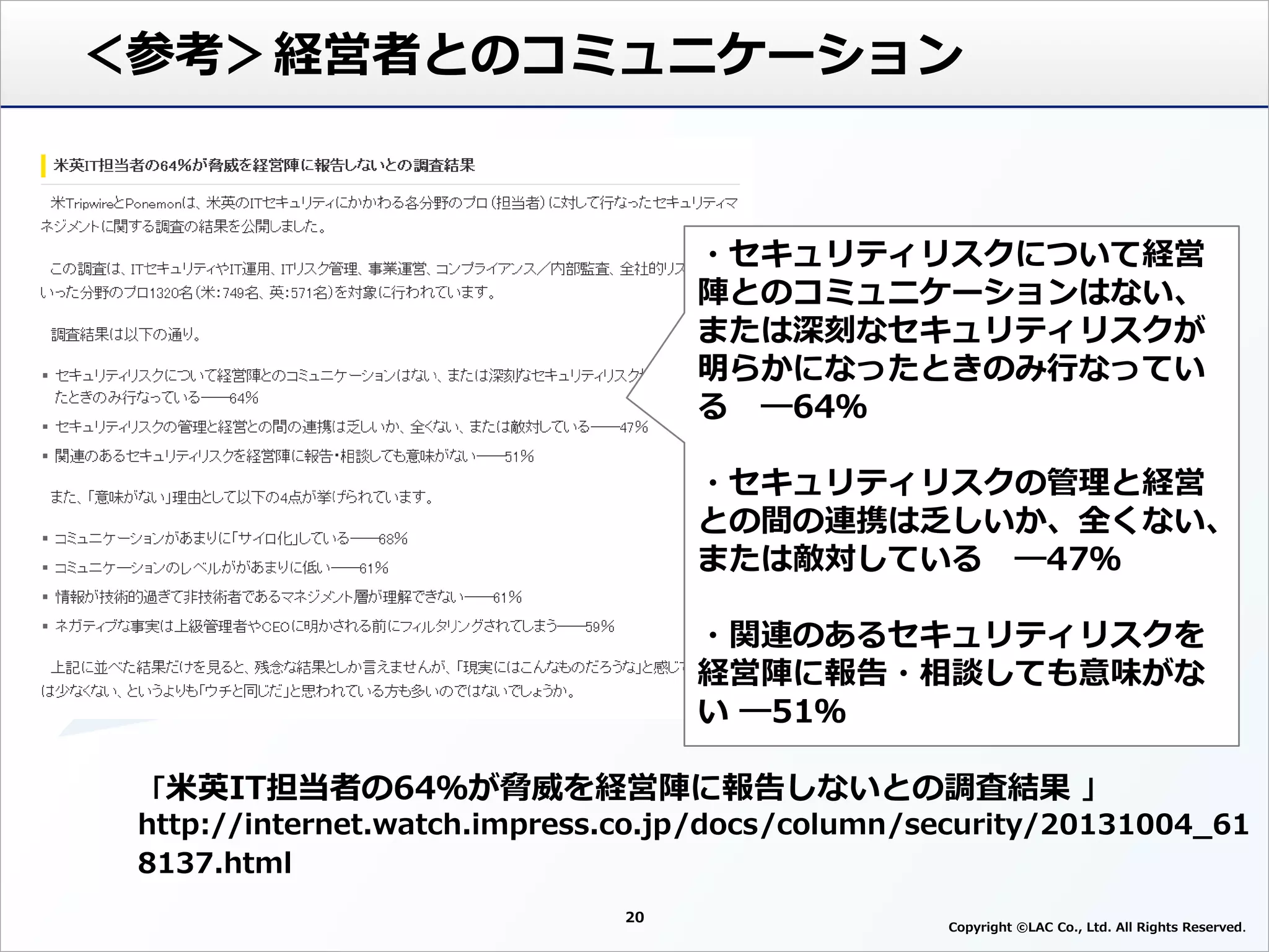 「米英IT担当者の64％が脅威を経営陣に報告しないとの調査結果 」
http://internet.watch.impress.co.jp/docs/column/security/20131004_61
8137.html
20
・セキュリティリスクについて経営
陣とのコミュニケーションはない、
または深刻なセキュリティリスクが
明らかになったときのみ行なってい
る ―64％
・セキュリティリスクの管理と経営
との間の連携は乏しいか、全くない、
または敵対している ―47％
・関連のあるセキュリティリスクを
経営陣に報告・相談しても意味がな
い ―51％
＜参考＞経営者とのコミュニケーション
Copyright ©LAC Co., Ltd. All Rights Reserved
 