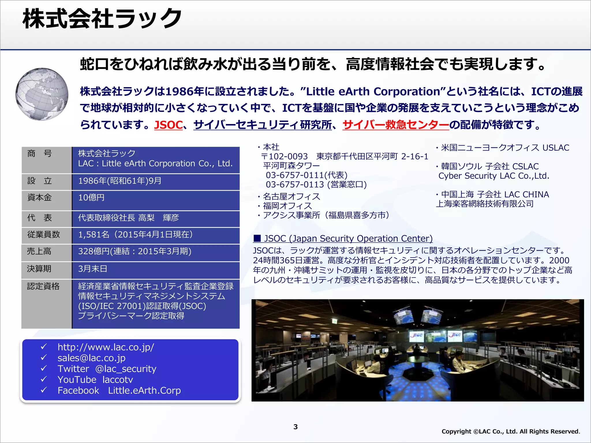 蛇口をひねれば飲み水が出る当り前を、高度情報社会でも実現します。
株式会社ラックは1986年に設立されました。”Little eArth Corporation”という社名には、ICTの進展
で地球が相対的に小さくなっていく中で、ICTを基盤に国や企業の発展を支えていこうという理念がこめ
られています。JSOC、サイバーセキュリティ研究所、サイバー救急センターの配備が特徴です。
JSOC (Japan Security Operation Center)
JSOCは、ラックが運営する情報セキュリティに関するオペレーションセンターです。
24時間365日運営。高度な分析官とインシデント対応技術者を配置しています。2000
年の九州・沖縄サミットの運用・監視を皮切りに、日本の各分野でのトップ企業など高
レベルのセキュリティが要求されるお客様に、高品質なサービスを提供しています。
商 号 株式会社ラック
LAC：Little eArth Corporation Co., Ltd.
設 立 1986年(昭和61年)9月
資本金 10億円
代 表 代表取締役社長 高梨 輝彦
従業員数 1,581名（2015年4月1日現在）
売上高 328億円(連結：2015年3月期)
決算期 3月末日
認定資格 経済産業省情報セキュリティ監査企業登録
情報セキュリティマネジメントシステム
(ISO/IEC 27001)認証取得(JSOC)
プライバシーマーク認定取得
・本社
〒102-0093 東京都千代田区平河町 2-16-1
平河町森タワー
03-6757-0111(代表)
03-6757-0113 (営業窓口)
・名古屋オフィス
・福岡オフィス
・アクシス事業所（福島県喜多方市）
 http://www.lac.co.jp/
 sales@lac.co.jp
 Twitter @lac_security
 YouTube laccotv
 Facebook Little.eArth.Corp
・米国ニューヨークオフィス USLAC
・韓国ソウル 子会社 CSLAC
Cyber Security LAC Co.,Ltd.
・中国上海 子会社 LAC CHINA
上海楽客網絡技術有限公司
株式会社ラック
3
Copyright ©LAC Co., Ltd. All Rights Reserved
 