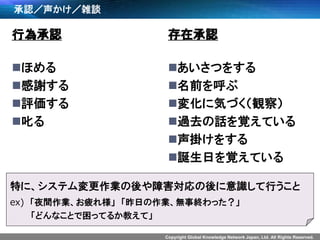 Copyright Global Knowledge Network Japan, Ltd. All Rights Reserved.
承認／声かけ／雑談
行為承認
ほめる
感謝する
評価する
叱る
存在承認
あいさつをする
名前を呼ぶ
変化に気づく（観察）
過去の話を覚えている
声掛けをする
誕生日を覚えている
特に、システム変更作業の後や障害対応の後に意識して行うこと
ex) 「夜間作業、お疲れ様」 「昨日の作業、無事終わった？」
「どんなことで困ってるか教えて」
 