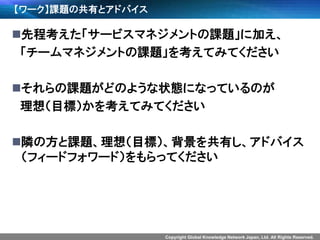 Copyright Global Knowledge Network Japan, Ltd. All Rights Reserved.
【ワーク】課題の共有とアドバイス
先程考えた「サービスマネジメントの課題」に加え、
「チームマネジメントの課題」を考えてみてください
それらの課題がどのような状態になっているのが
理想（目標）かを考えてみてください
隣の方と課題、理想（目標）、背景を共有し、アドバイス
（フィードフォワード）をもらってください
 
