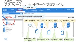 APICϤǤ
ץꥱ` ͥåȥ` ץե
ⲿͥåȥ`
EPG
Web` EPG App` EPG DB` EPG
Application Network Profile (ANP)
ƥʥ
ⲿCWebg ȥ饯 Web-Appg ȥ饯 App-DBg ȥ饯
 