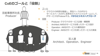 35
CoEのゴールと「役割」
芸能事務所社長
Producer
芸人達
Architect、Operation、Engineer
ゴール
 クラウドの利用を推進し、受託ベースのITから
サービスベースのITに変革を行うスペシャルチームとして、
ITサービスをProduceする。ITからビジネスへアプローチ
役割
1. Producer: クラウドのサービス企画・横展開
2. Architect: AWSのサービスを使ったサービス設計
3. Operation : AWSのサービスの運用設計
4. Engineer : AWSのサービスを使ったサービスの実装
 