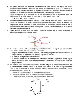 6. Un cohete enciende dos motores simultáneamente. Uno produce un empuje de 725N
directamente hacia delante; mientras que el otro da un empuje de 513N 32.4ª arriba de la
dirección hacia adelante. Obtenga la magnitud y la dirección (relativa a la dirección hacia
adelante) de la fuerza resultante que estos motores ejercen sobre el cohete.
7. Calcule la magnitud y la dirección del vector representado por los siguientes pares de
componentes: a) 𝑨 𝒙 = −𝟖. 𝟔𝒄𝒎 𝑨 𝒚 = 𝟓. 𝟐𝟎𝒄𝒎b) 𝑨 𝒙 = −𝟗. 𝟕𝟎𝒎𝑨 𝒚 = −𝟐. 𝟒𝟓𝒎
c) 𝑨 𝒙 = 𝟕. 𝟕𝟓𝒌𝒎 𝑨 𝒚 = −𝟐. 𝟕𝟎𝒌𝒎
8. Un profesor de física desorientado conduce 3.25km al norte, 4.75km al oeste y 1.50km al sur.
Calcule la magnitud y la direccióndel desplazamiento resultante, usando el método de
componentes. En un diagrama de suma de vectores (a escala aproximada), muestre que el
desplazamiento resultante obtenido del diagrama coincide cualitativamentecon el obtenido
con el método de componentes.
9. Cuatro fuerzas actúan sobre un perno A como se muestra en la figura. Determine la
resultante de las fuerzas sobre el perno.
10. Una persona camina desde un punto (origen) 90m hacia el sur , en seguida gira y camina 30m
hacia el este , finalmente gira al norte y camina 50m.
a) Haga un diagrama a escala de la situación (1cm : 10 m) y luego trace el vector que indica el
desplazamiento de la persona con respecto al punto de partida.
b) ¿Cuánto es la longitud del desplazamiento?
c) ¿Cuál sería la dirección en que se produce este desplazamiento? Sugerencia, mida el ángulo
desde la dirección Este al vector desplazamiento o bien desde la dirección sur al vector
desplazamiento.
11. Una persona pasea siguiendo el trayecto que muestra la figura. El recorrido total se compone
de 4 tramos rectos. Primero camina 100m al este, luego camina 300m al sur, en seguida camina
150m en una dirección de 30° al sur del oeste, finalmente camina 200m en una dirección de
60° medidos al norte del oeste.
a) Escriba cada desplazamiento en forma vectorial unitaria
b) Obtenga la suma vectorial de ellos (desplazamiento resultante).
c) ¿Cuál es la magnitud y dirección del desplazamiento resultante?
 