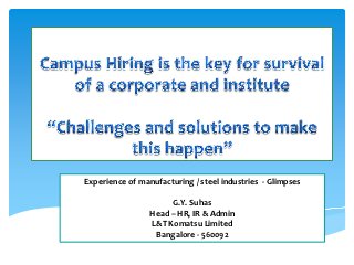 Experience of manufacturing / steel industries - Glimpses

                      G.Y. Suhas
                 Head – HR, IR & Admin
                 L&T Komatsu Limited
                  Bangalore - 560092
 