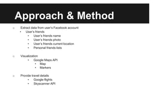 Approach & Method
o Extract data from user’s Facebook account
• User’s friends
• User’s friends name
• User’s friends photo
• User’s friends current location
• Personal friends lists
o Visualization
• Google Maps API
• Map
• Markers
o Provide travel details
• Google flights
• Skyscanner API
 