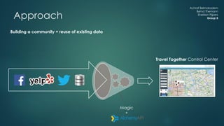 Achraf Belmokadem
Bernd Themann
Sheldon Pijpers
Group 5Approach
Magic
+
Travel Together Control Center
Building a community + reuse of existing data
 