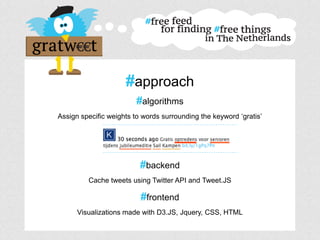 #approach
#algorithms
Assign specific weights to words surrounding the keyword ‘gratis’
#backend
Cache tweets using Twitter API and Tweet.JS
#frontend
Visualizations made with D3.JS, Jquery, CSS, HTML
 