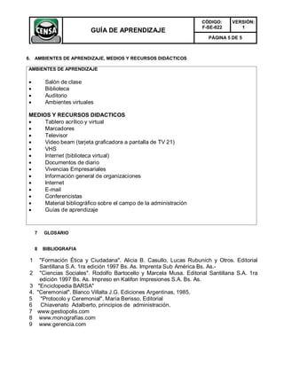 CÓDIGO:    VERSIÓN:
                                                                      F-SE-022      1
                          GUÍA DE APRENDIZAJE
                                                                        PÁGINA 5 DE 5



6. AMBIENTES DE APRENDIZAJE, MEDIOS Y RECURSOS DIDÁCTICOS

AMBIENTES DE APRENDIZAJE

        Salón de clase
        Biblioteca
        Auditorio
        Ambientes virtuales

MEDIOS Y RECURSOS DIDACTICOS
    Tablero acrílico y virtual
    Marcadores
    Televisor
    Video beam (tarjeta graficadora a pantalla de TV 21)
    VHS
    Internet (biblioteca virtual)
    Documentos de diario
    Vivencias Empresariales
    Información general de organizaciones
    Internet
    E-mail
    Conferencistas
    Material bibliográfico sobre el campo de la administración
    Guías de aprendizaje



     7   GLOSARIO


     8   BIBLIOGRAFIA

 1     "Formación Ética y Ciudadana". Alicia B. Casullo, Lucas Rubunich y Otros. Editorial
       Santillana S.A. 1ra edición 1997 Bs. As. Imprenta Sub América Bs. As.-
 2     "Ciencias Sociales". Rodolfo Bartocello y Marcela Musa. Editorial Santillana S.A. 1ra
       edición 1997 Bs. As. Impreso en Kalifon Impresiones S.A. Bs. As.
3     "Enciclopedia BARSA"
4.   "Ceremonial". Blanco Villalta J.G. Ediciones Argentinas, 1985.
5      "Protocolo y Ceremonial". María Berisso. Editorial
6      Chiavenato Adalberto, principios de administración.
7    www.gestiopolis.com
8     www.monografías.com
9     www.gerencia.com
 