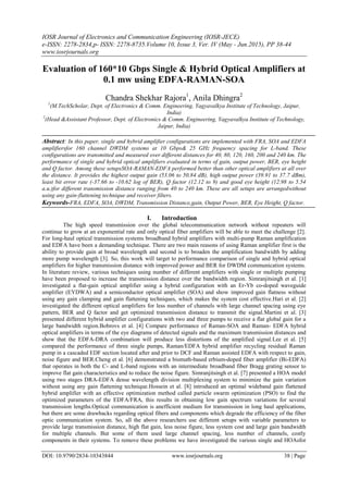 IOSR Journal of Electronics and Communication Engineering (IOSR-JECE)
e-ISSN: 2278-2834,p- ISSN: 2278-8735.Volume 10, Issue 3, Ver. IV (May - Jun.2015), PP 38-44
www.iosrjournals.org
DOI: 10.9790/2834-10343844 www.iosrjournals.org 38 | Page
Evaluation of 160*10 Gbps Single & Hybrid Optical Amplifiers at
0.1 mw using EDFA-RAMAN-SOA
Chandra Shekhar Rajora1
, Anila Dhingra2
1
(M.TechScholar, Dept. of Electronics & Comm. Engineering, Yagyavalkya Institute of Technology, Jaipur,
India)
2
(Head &Assistant Professor, Dept. of Electronics & Comm. Engineering, Yagyavalkya Institute of Technology,
Jaipur, India)
Abstract: In this paper, single and hybrid amplifier configurations are implemented with FRA, SOA and EDFA
amplifiersfor 160 channel DWDM systems at 10 Gbps& 25 GHz frequency spacing for L-band. These
configurations are transmitted and measured over different distances for 40, 80, 120, 160, 200 and 240 km. The
performance of single and hybrid optical amplifiers evaluated in terms of gain, output power, BER, eye height
and Q factor. Among these setupsSOA-RAMAN-EDFA performed better than other optical amplifiers at all over
the distance. It provides the highest output gain (53.06 to 50.84 dB), high output power (39.91 to 37.7 dBm),
least bit error rate (-37.66 to -10.62 log of BER), Q factor (12.12 to 9) and good eye height (12.98 to 5.54
a.u.)for different transmission distance ranging from 40 to 240 km. These are all setups are arrangedwithout
using any gain-flattening technique and receiver filters.
Keywords-FRA, EDFA, SOA, DWDM, Transmission Distance,gain, Output Power, BER, Eye Height, Q factor.
I. Introduction
The high speed transmission over the global telecommunication network without repeaters will
continue to grow at an exponential rate and only optical fiber amplifiers will be able to meet the challenge [2].
For long-haul optical transmission systems broadband hybrid amplifiers with multi-pump Raman amplification
and EDFA have been a demanding technique. There are two main reasons of using Raman amplifier first is the
ability to provide gain at broad wavelength and second is to broaden the amplification bandwidth by adding
more pump wavelength [3]. So, this work will target to performance comparison of single and hybrid optical
amplifiers for higher transmission distance with improved power and BER for DWDM communication systems.
In literature review, various techniques using number of different amplifiers with single or multiple pumping
have been proposed to increase the transmission distance over the bandwidth region. Simranjitsingh et al. [1]
investigated a flat-gain optical amplifier using a hybrid configuration with an Er-Yb co-doped waveguide
amplifier (EYDWA) and a semiconductor optical amplifier (SOA) and show improved gain flatness without
using any gain clamping and gain flattening techniques, which makes the system cost effective.Hari et al. [2]
investigated the different optical amplifiers for less number of channels with large channel spacing using eye
pattern, BER and Q factor and get optimized transmission distance to transmit the signal.Martini et al. [3]
presented different hybrid amplifier configurations with two and three pumps to receive a flat global gain for a
large bandwidth region.Bobrovs et al. [4] Compare performance of Raman-SOA and Raman- EDFA hybrid
optical amplifiers in terms of the eye diagrams of detected signals and the maximum transmission distances and
show that the EDFA-DRA combination will produce less distortions of the amplified signal.Lee et al. [5]
compared the performance of three single pumps, Raman/EDFA hybrid amplifier recycling residual Raman
pump in a cascaded EDF section located after and prior to DCF and Raman assisted EDFA with respect to gain,
noise figure and BER.Cheng et al. [6] demonstrated a bismuth-based erbium-doped fiber amplifier (Bi-EDFA)
that operates in both the C- and L-band regions with an intermediate broadband fiber Bragg grating sensor to
improve flat gain characteristics and to reduce the noise figure. Simranjitsingh et al. [7] presented a HOA model
using two stages DRA-EDFA dense wavelength division multiplexing system to minimize the gain variation
without using any gain flattening technique.Hossein et al. [8] introduced an optimal wideband gain flattened
hybrid amplifier with an effective optimization method called particle swarm optimization (PSO) to find the
optimized parameters of the EDFA/FRA, this results in obtaining low gain spectrum variations for several
transmission lengths.Optical communication is anefficient medium for transmission in long haul applications,
but there are some drawbacks regarding optical fibers and components which degrade the efficiency of the fiber
optic communication system. So, all the above researchers use different setups with variable parameters to
provide large transmission distance, high flat gain, less noise figure, less system cost and large gain bandwidth
for multiple channels. But some of them used large channel spacing, less number of channels, costly
components in their systems. To remove these problems we have investigated the various single and HOAsfor
 