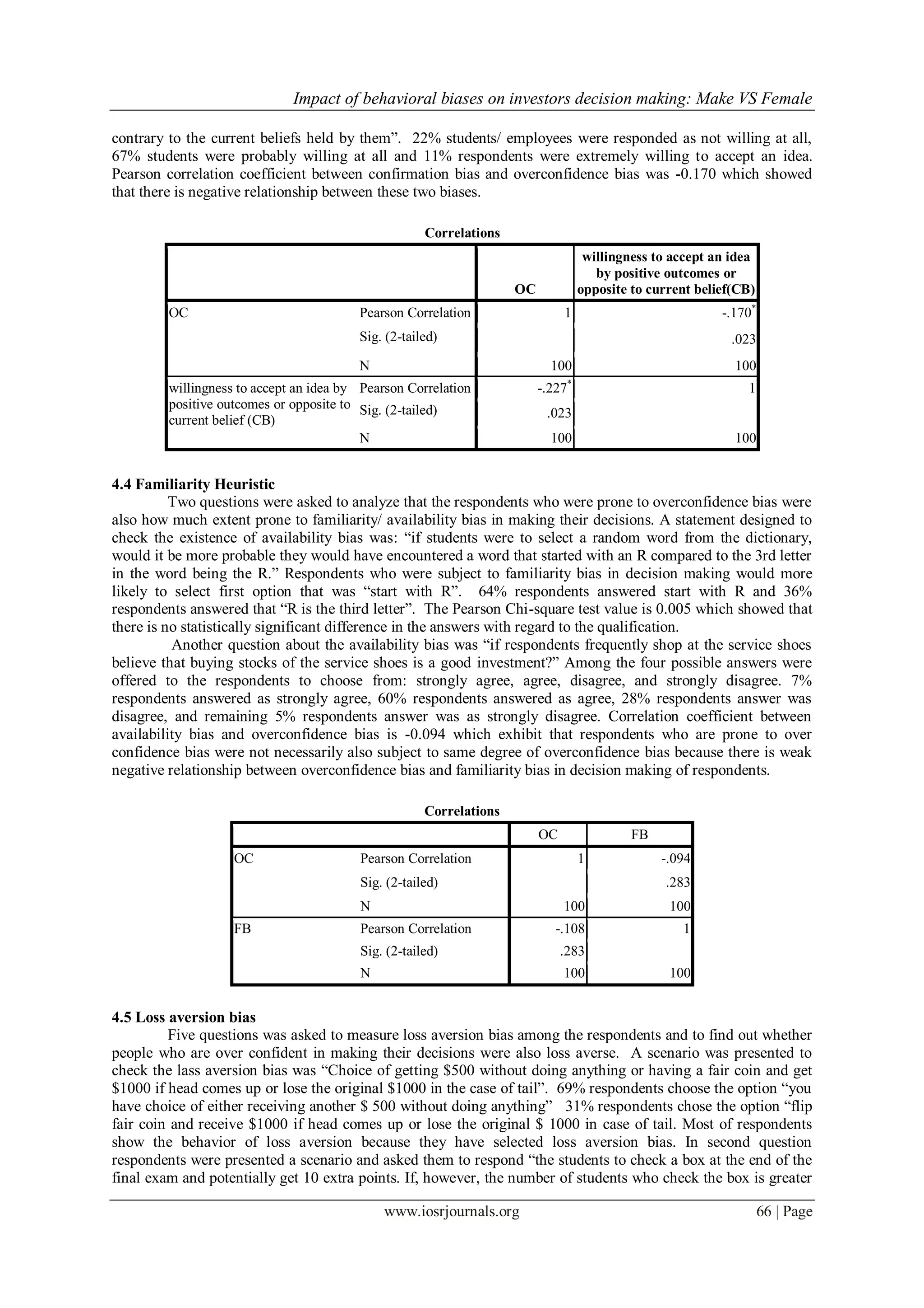 Impact of behavioral biases on investors decision making: Make VS Female
www.iosrjournals.org 66 | Page
contrary to the current beliefs held by them”. 22% students/ employees were responded as not willing at all,
67% students were probably willing at all and 11% respondents were extremely willing to accept an idea.
Pearson correlation coefficient between confirmation bias and overconfidence bias was -0.170 which showed
that there is negative relationship between these two biases.
Correlations
OC
willingness to accept an idea
by positive outcomes or
opposite to current belief(CB)
OC Pearson Correlation 1 -.170*
Sig. (2-tailed) .023
N 100 100
willingness to accept an idea by
positive outcomes or opposite to
current belief (CB)
Pearson Correlation -.227*
1
Sig. (2-tailed) .023
N 100 100
4.4 Familiarity Heuristic
Two questions were asked to analyze that the respondents who were prone to overconfidence bias were
also how much extent prone to familiarity/ availability bias in making their decisions. A statement designed to
check the existence of availability bias was: “if students were to select a random word from the dictionary,
would it be more probable they would have encountered a word that started with an R compared to the 3rd letter
in the word being the R.” Respondents who were subject to familiarity bias in decision making would more
likely to select first option that was “start with R”. 64% respondents answered start with R and 36%
respondents answered that “R is the third letter”. The Pearson Chi-square test value is 0.005 which showed that
there is no statistically significant difference in the answers with regard to the qualification.
Another question about the availability bias was “if respondents frequently shop at the service shoes
believe that buying stocks of the service shoes is a good investment?” Among the four possible answers were
offered to the respondents to choose from: strongly agree, agree, disagree, and strongly disagree. 7%
respondents answered as strongly agree, 60% respondents answered as agree, 28% respondents answer was
disagree, and remaining 5% respondents answer was as strongly disagree. Correlation coefficient between
availability bias and overconfidence bias is -0.094 which exhibit that respondents who are prone to over
confidence bias were not necessarily also subject to same degree of overconfidence bias because there is weak
negative relationship between overconfidence bias and familiarity bias in decision making of respondents.
Correlations
OC FB
OC Pearson Correlation 1 -.094
Sig. (2-tailed) .283
N 100 100
FB Pearson Correlation -.108 1
Sig. (2-tailed) .283
N 100 100
4.5 Loss aversion bias
Five questions was asked to measure loss aversion bias among the respondents and to find out whether
people who are over confident in making their decisions were also loss averse. A scenario was presented to
check the lass aversion bias was “Choice of getting $500 without doing anything or having a fair coin and get
$1000 if head comes up or lose the original $1000 in the case of tail”. 69% respondents choose the option “you
have choice of either receiving another $ 500 without doing anything” 31% respondents chose the option “flip
fair coin and receive $1000 if head comes up or lose the original $ 1000 in case of tail. Most of respondents
show the behavior of loss aversion because they have selected loss aversion bias. In second question
respondents were presented a scenario and asked them to respond “the students to check a box at the end of the
final exam and potentially get 10 extra points. If, however, the number of students who check the box is greater
 
